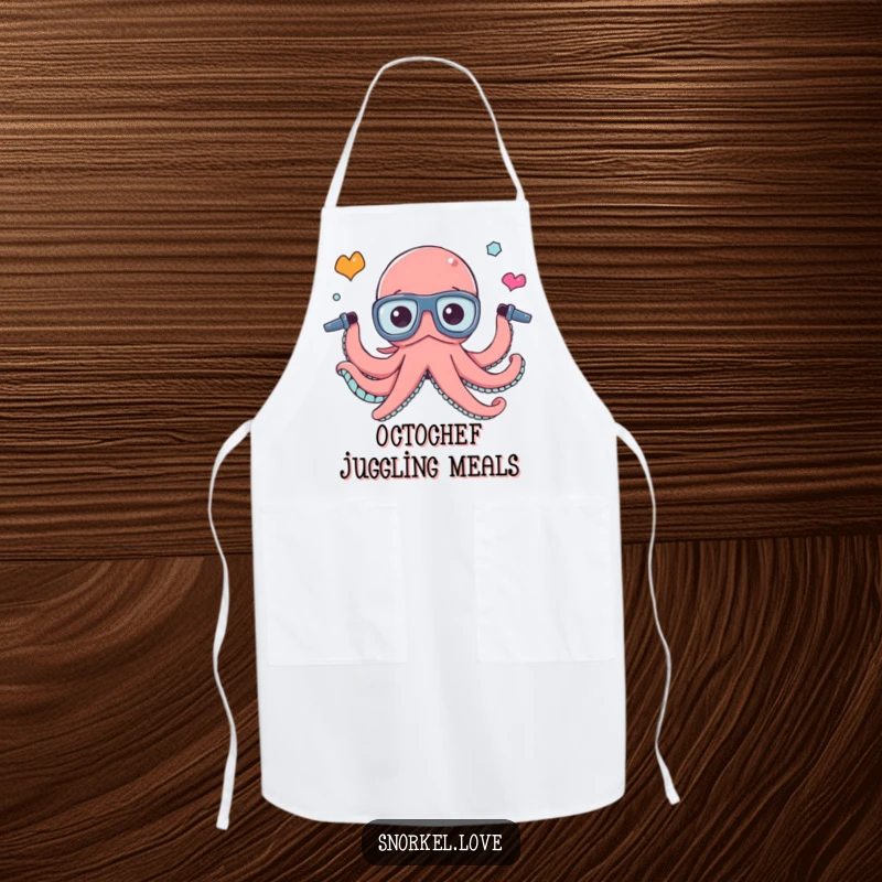 Funny octopus juggling snorkel tubes illustrated on a durable kitchen apron, bringing multi-tasking humor to cooking endeavors.