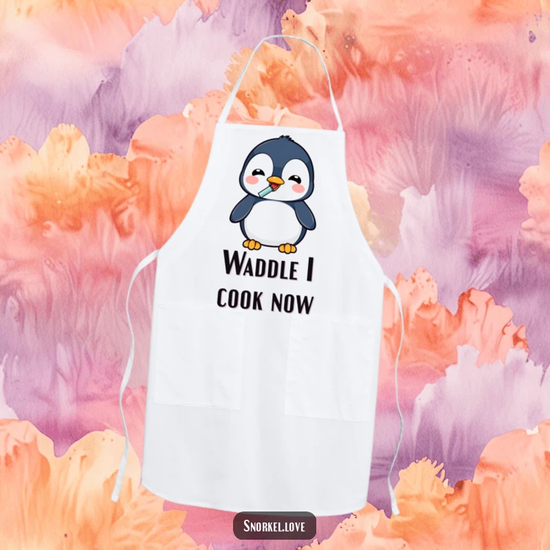 Funny penguin with a snorkel drinking, illustrated on a durable kitchen apron, bringing delightful humor to cooking tasks.