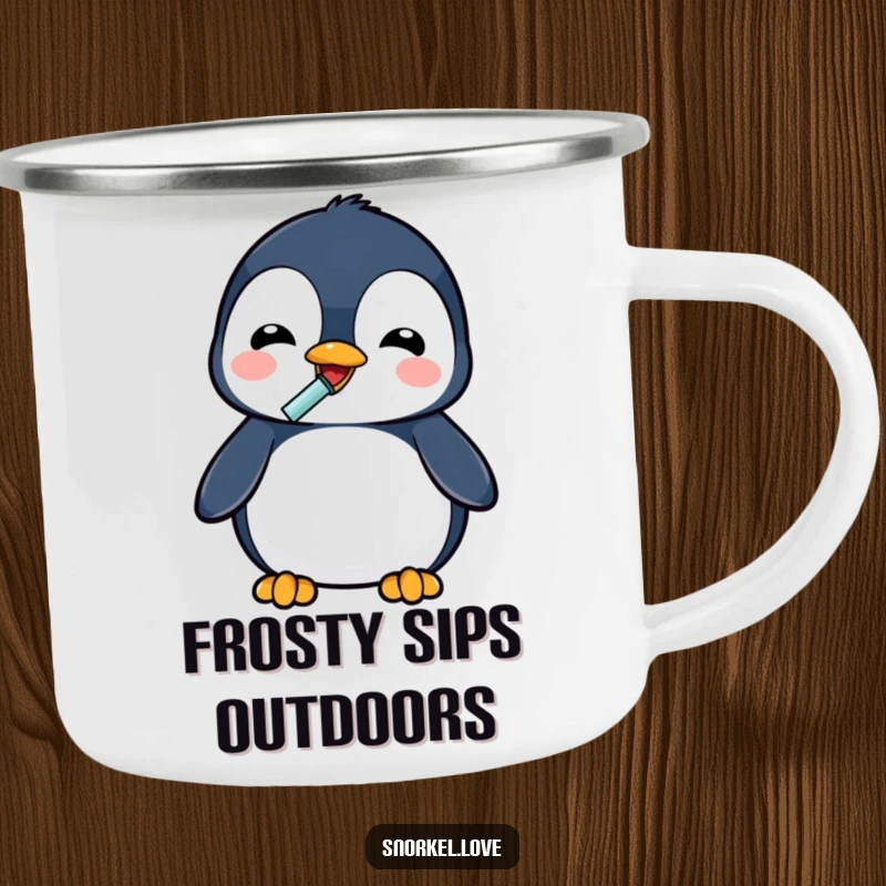 Durable enamel camping mug featuring a funny penguin with snorkel drinking, perfect for outdoor adventures and refreshment humor.