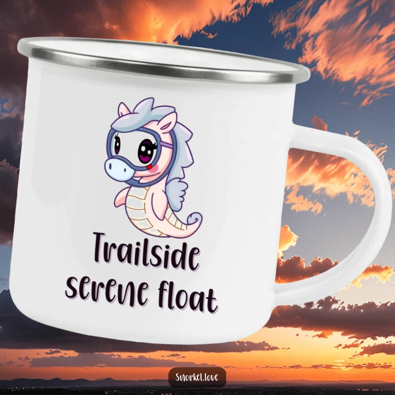 Durable enamel camping mug featuring a funny cheerful seahorse with snorkel, gracefully swimming, perfect for outdoor adventures.