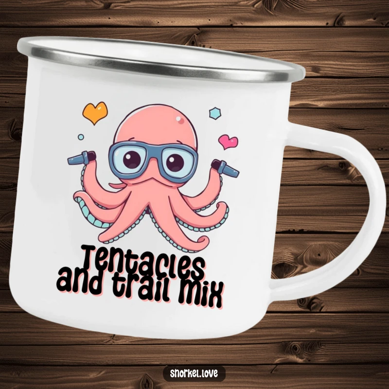 Durable enamel camping mug featuring a funny octopus juggling snorkel tubes, perfect for outdoor adventures and multi-tasking humor.