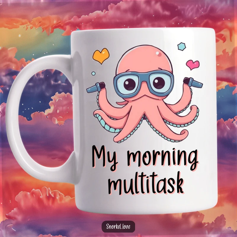 Funny octopus character busily juggling three snorkel tubes on a ceramic mug, symbolizing organized chaos and fun.