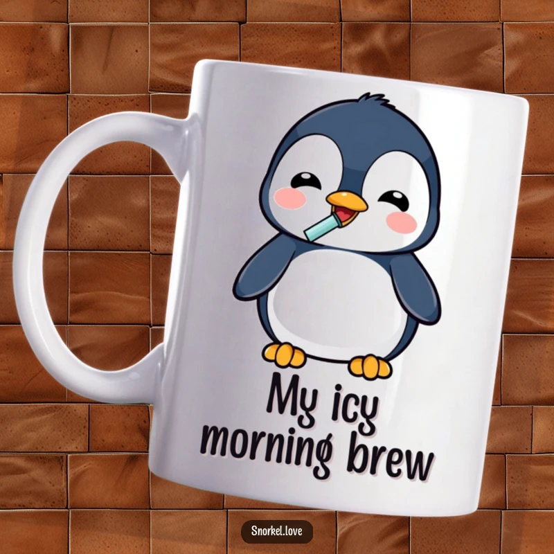 Funny, delighted penguin character using a snorkel to drink from a cup on a ceramic mug, showing pure refreshment and joy.