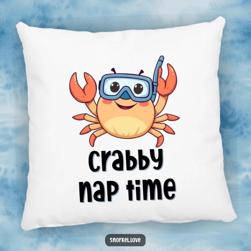 Soft, plush pillow showcasing a funny crab character with a snorkel, happily waving its claws for ultimate comfort and humor.