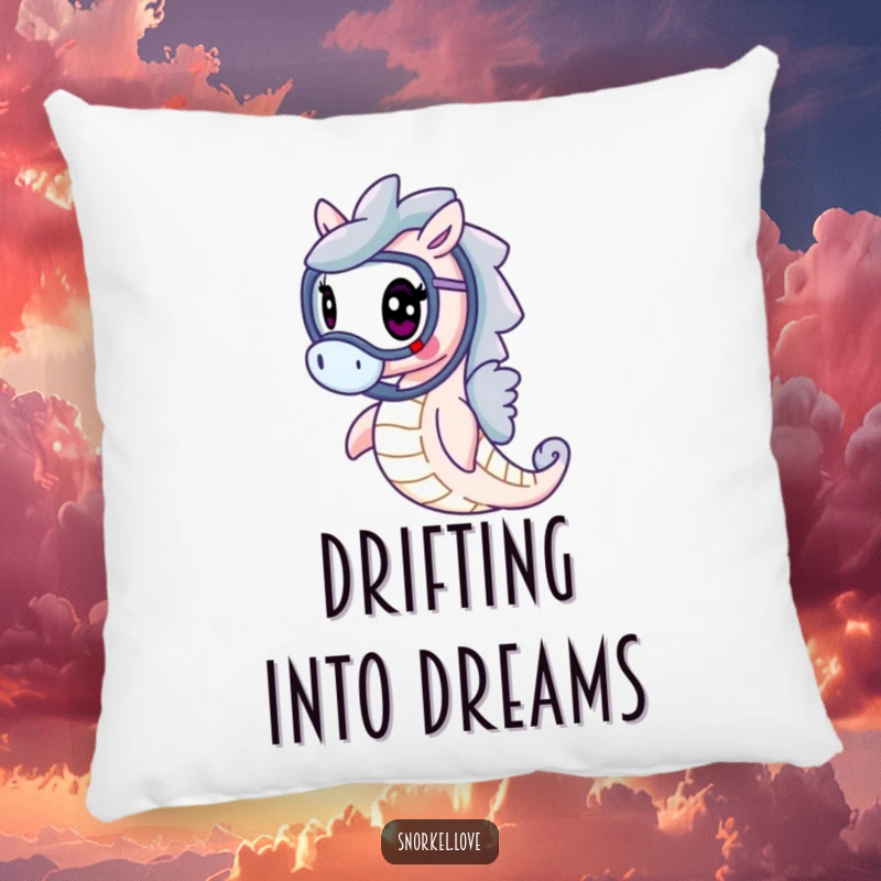 Soft, plush pillow featuring a funny cheerful seahorse with a snorkel, gracefully swimming, offering comfort and underwater humor.