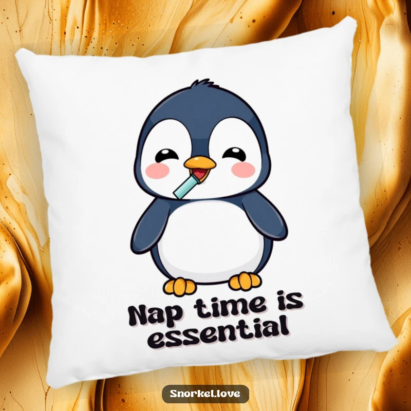 Soft, plush pillow featuring a funny delighted penguin using a snorkel to drink, offering comfort and a dose of refreshment humor.