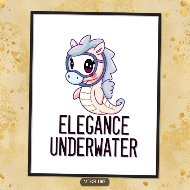 Funny cheerful seahorse with snorkel, gracefully swimming, offered as a high-resolution digital art print for immediate, elegant decoration.