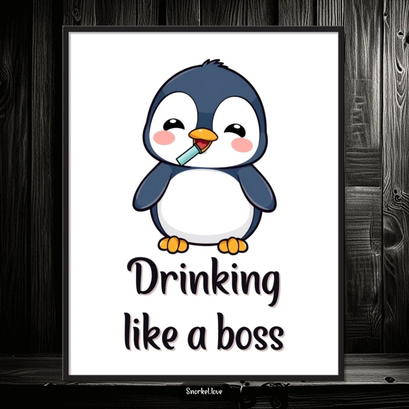 Funny penguin character using a snorkel to drink, offered as a high-resolution digital art print for immediate, humorous decoration.