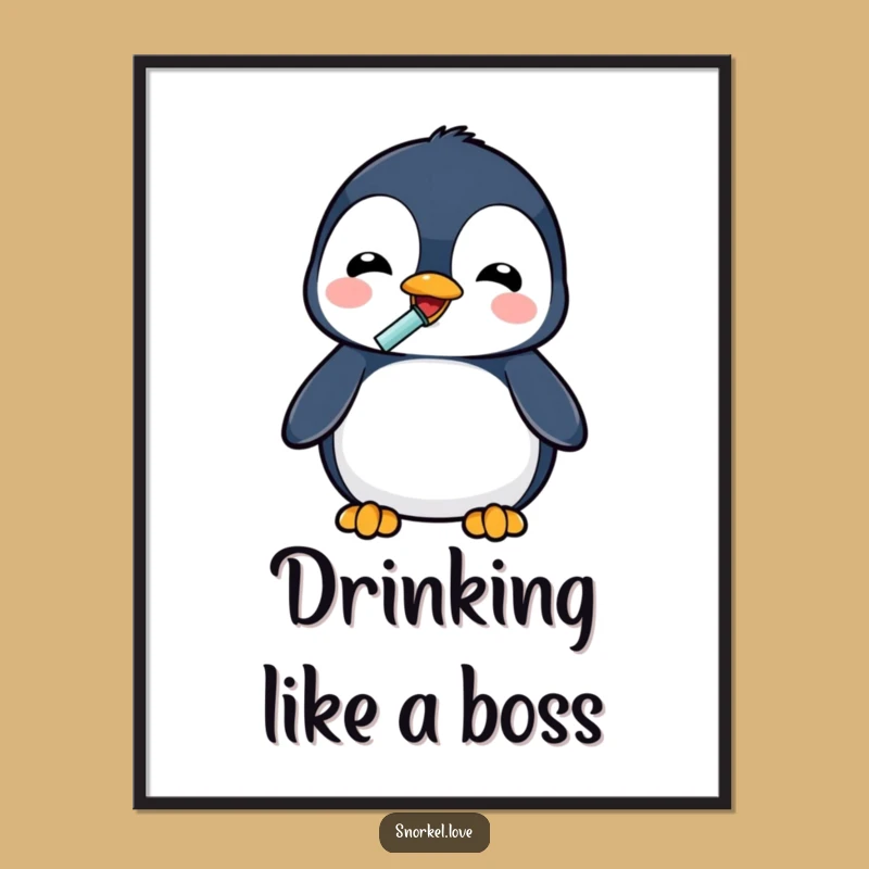 Funny Penguin Drinking Digital Art Print - Delightful Snorkel Decor