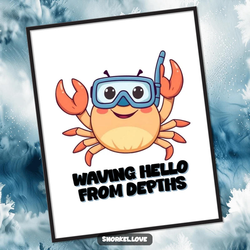 Funny crab character with snorkel, waving claws, offered as a high-resolution digital art print for immediate, humorous decoration.