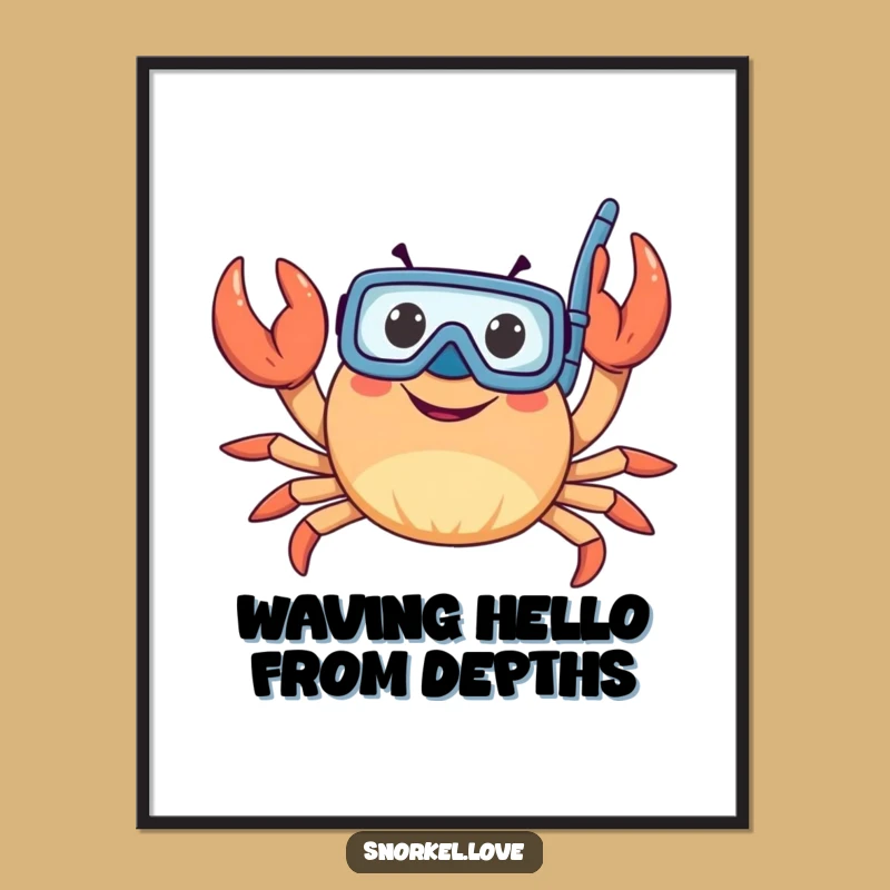 Funny Snorkeler Crab Digital Art Print - Waving Claws Ocean Decor