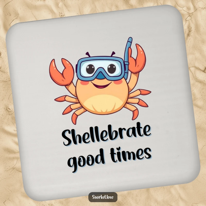 Funny crab wearing a snorkel and waving claws, printed on a protective drink coaster, adding a splash of underwater humor.