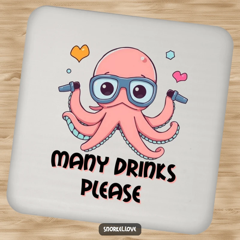 Funny octopus juggling snorkel tubes, printed on a protective drink coaster, adding a splash of multi-tasking humor.