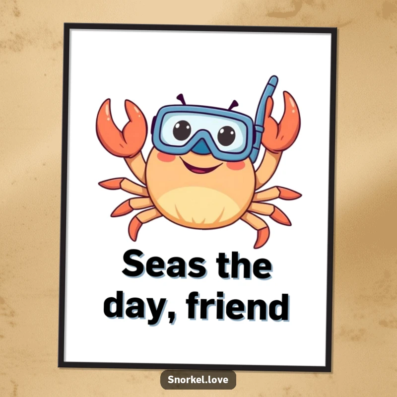 Funny happy crab wearing a snorkel and waving claws, presented as vibrant wall art on a high-quality poster for humorous decor.