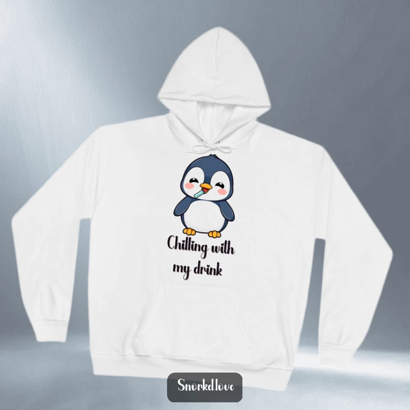 Funny delighted penguin character with a snorkel drinking, depicted on a soft, warm hoodie for ultimate comfort and humor.