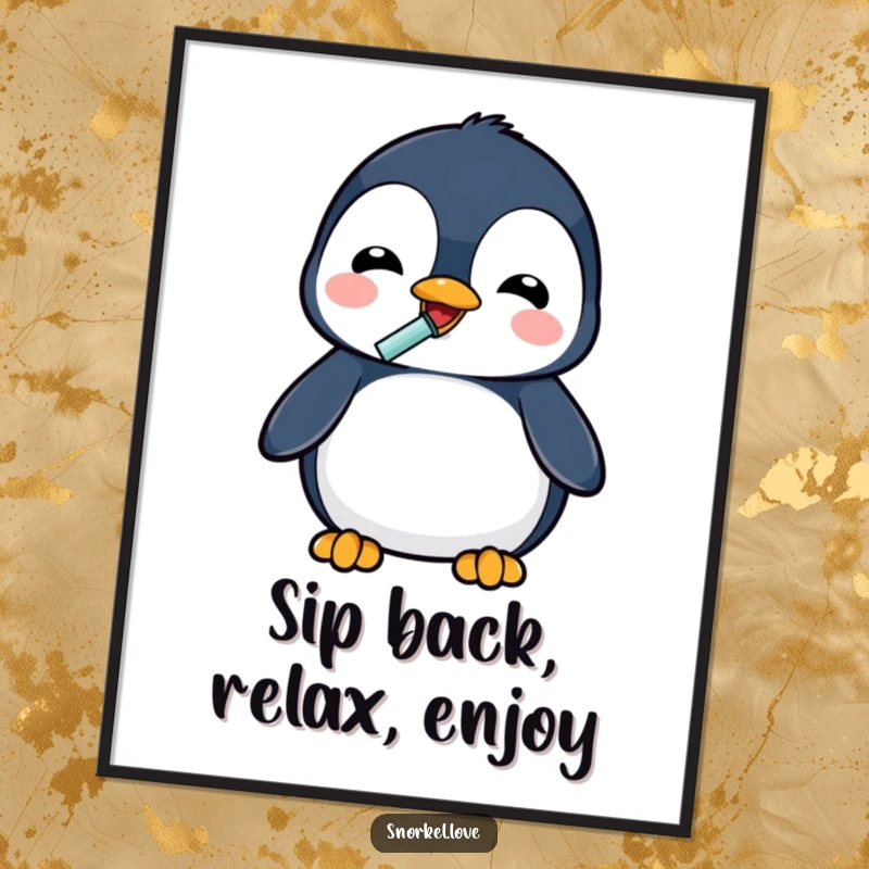 Funny Free Printable Wall Art: A delighted penguin comically drinking through a snorkel, adding a touch of whimsy.