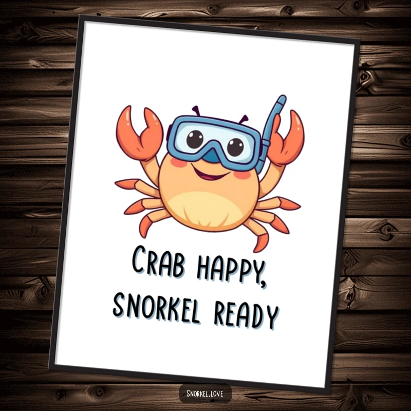 Funny Free Printable Wall Art: A happy crab wearing a snorkel, waving its claws enthusiastically, perfect for beachy vibes.