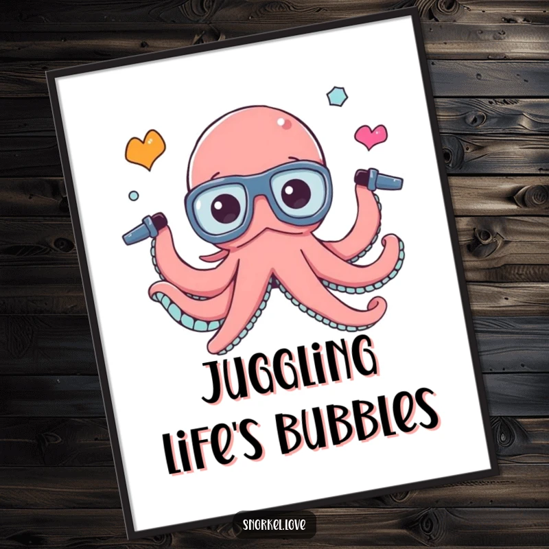 Funny Free Printable Wall Art: A dynamic octopus expertly juggling three colorful snorkel tubes, creating a lively visual.