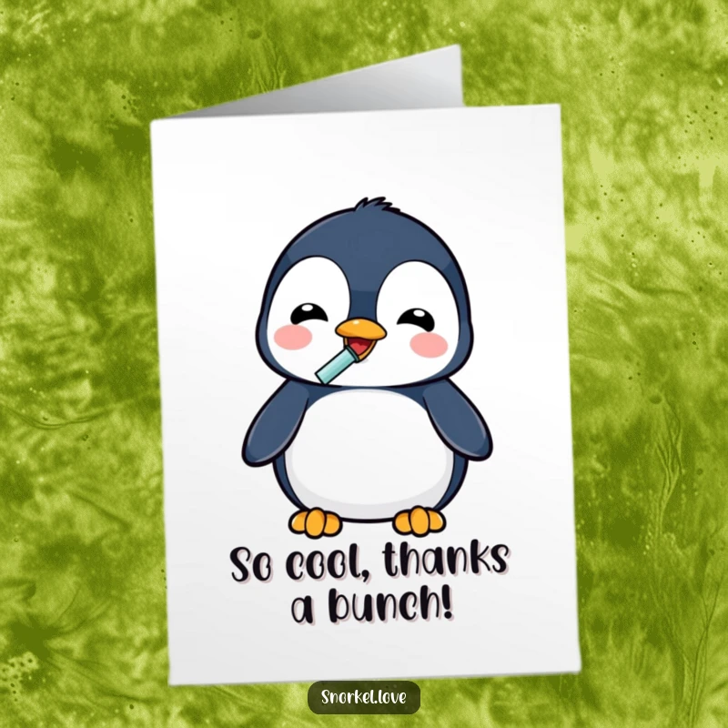 Funny Free Printable Thank You Card: A happy penguin using a snorkel to drink, a humorous way to say thank you.