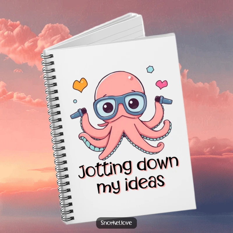 Funny busy octopus juggling three snorkel tubes on the cover of a lined notebook, ideal for jotting down plans humorously.