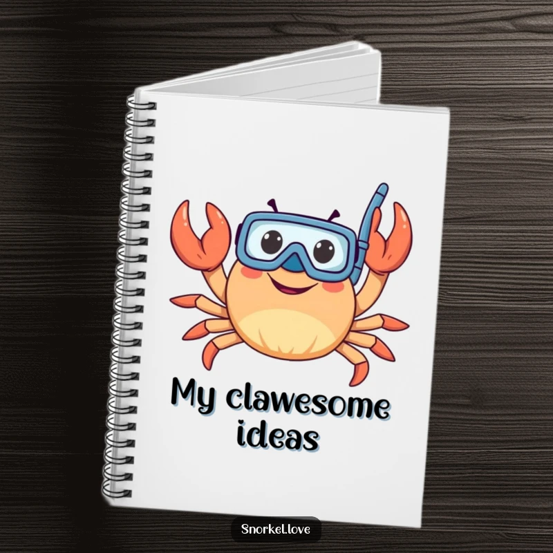 Funny crab wearing a snorkel and waving claws on the cover of a lined notebook, ideal for jotting down thoughts humorously.