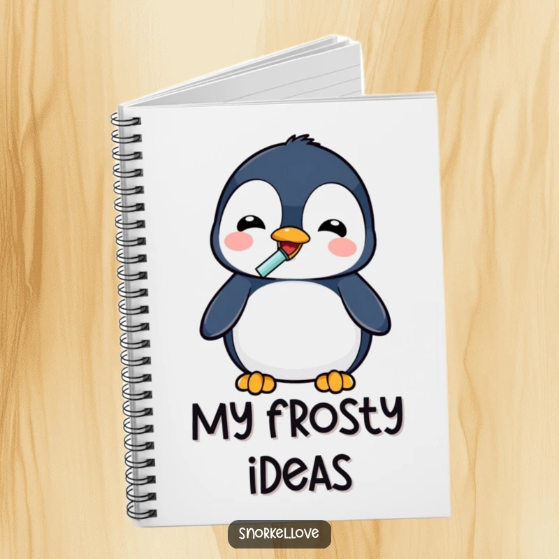 Funny delighted penguin using a snorkel to drink on the cover of a lined notebook, ideal for jotting down thoughts humorously.