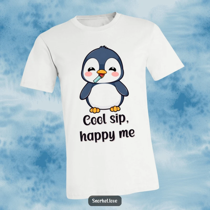Funny delighted penguin using a snorkel to drink, printed on a comfortable t-shirt, perfect for casual wear and humor.