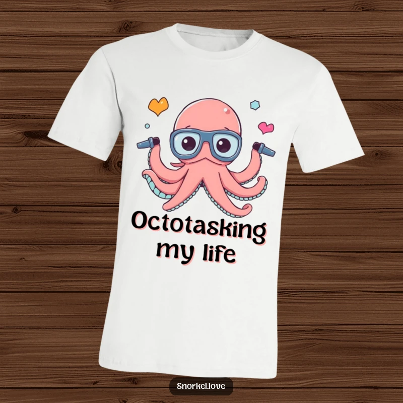 Funny busy octopus juggling three snorkel tubes, printed on a comfortable t-shirt, perfect for those who love a challenge.
